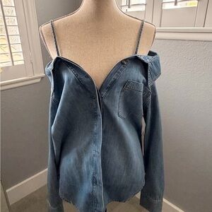 Good American Off-Shoulder Denim Button-Down Top - Blue